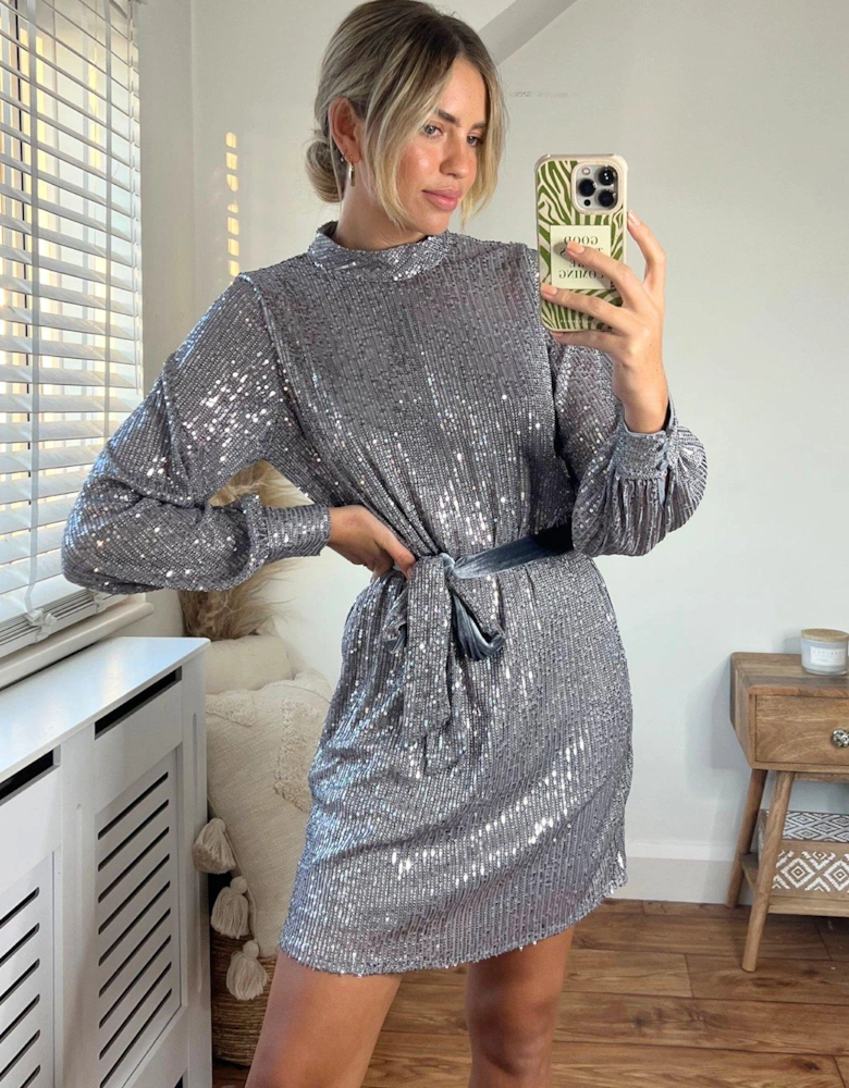 Sequin High Neck Mini Dress - Silver