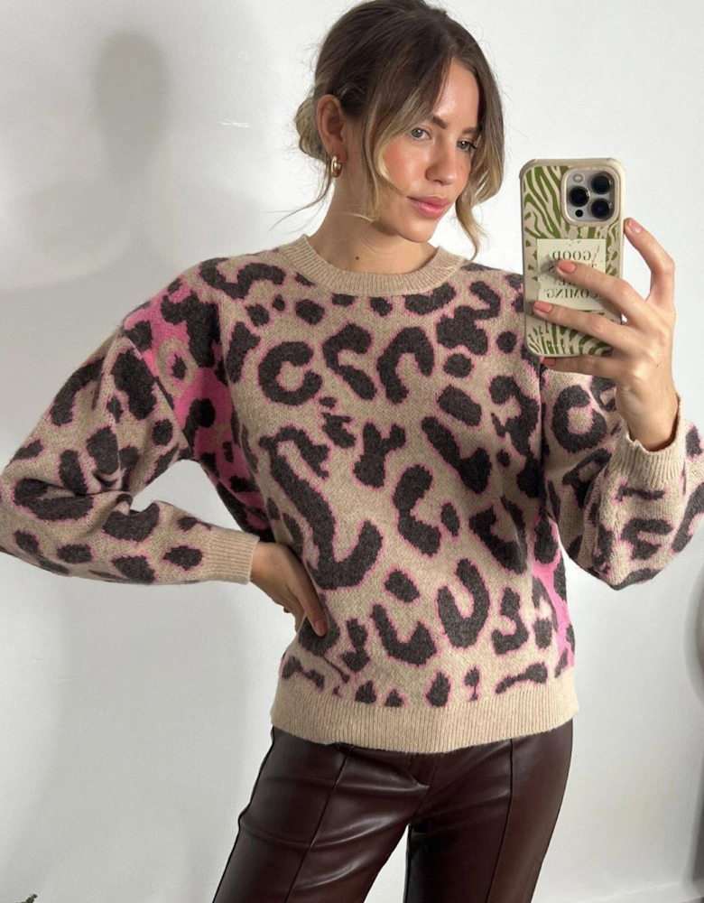 Animal Print Colour Block Jumper - Beige