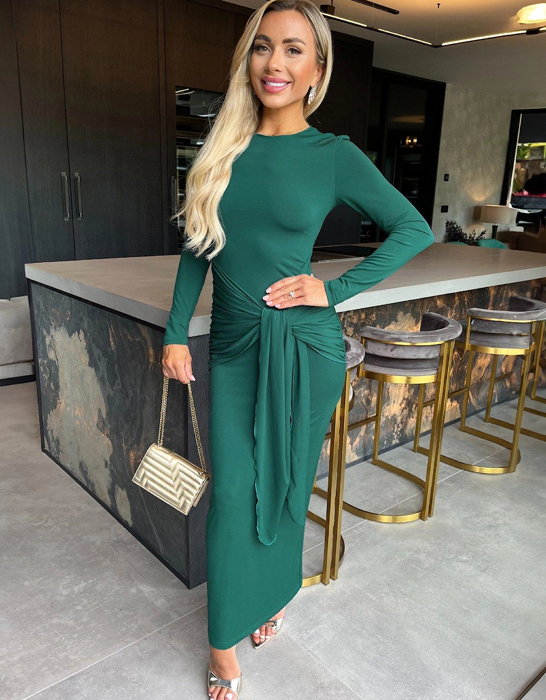 Long Sleeve Sash Midi Dress - Teal , 4 of 3