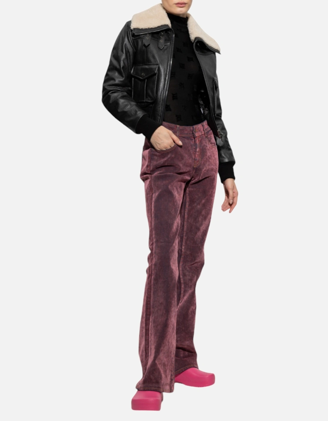 L-ISEK Womens Leather Jacket Fur Collared Coat