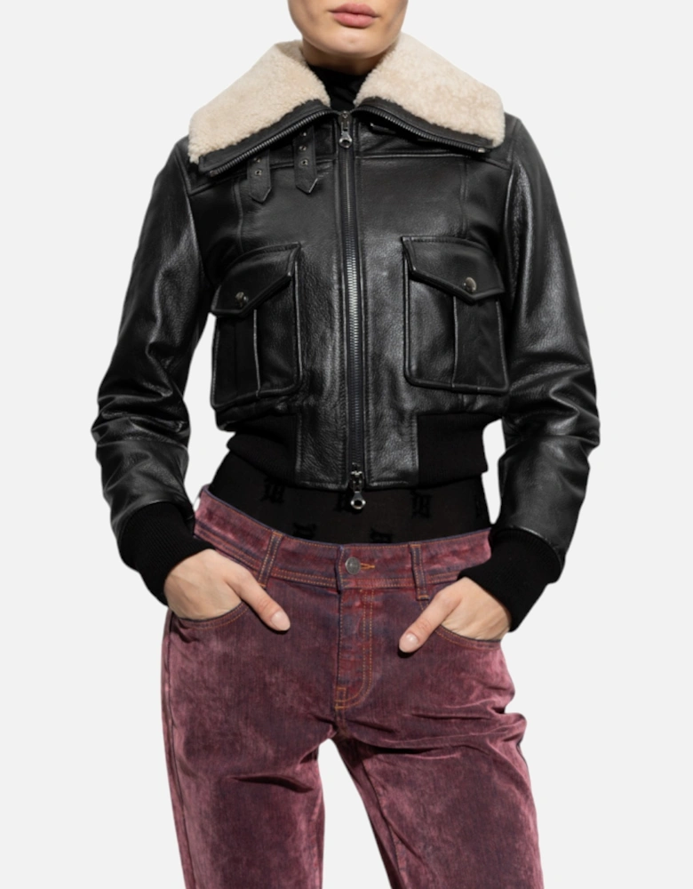 L-ISEK Womens Leather Jacket Fur Collared Coat