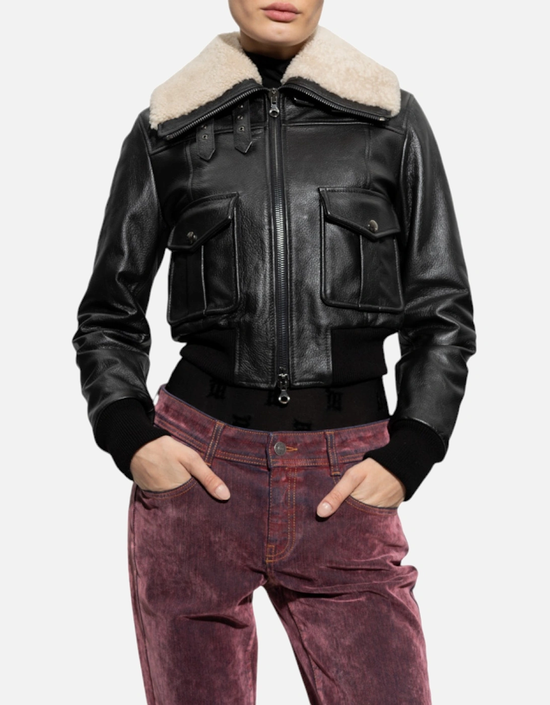 L-ISEK Womens Leather Jacket Fur Collared Coat, 6 of 5