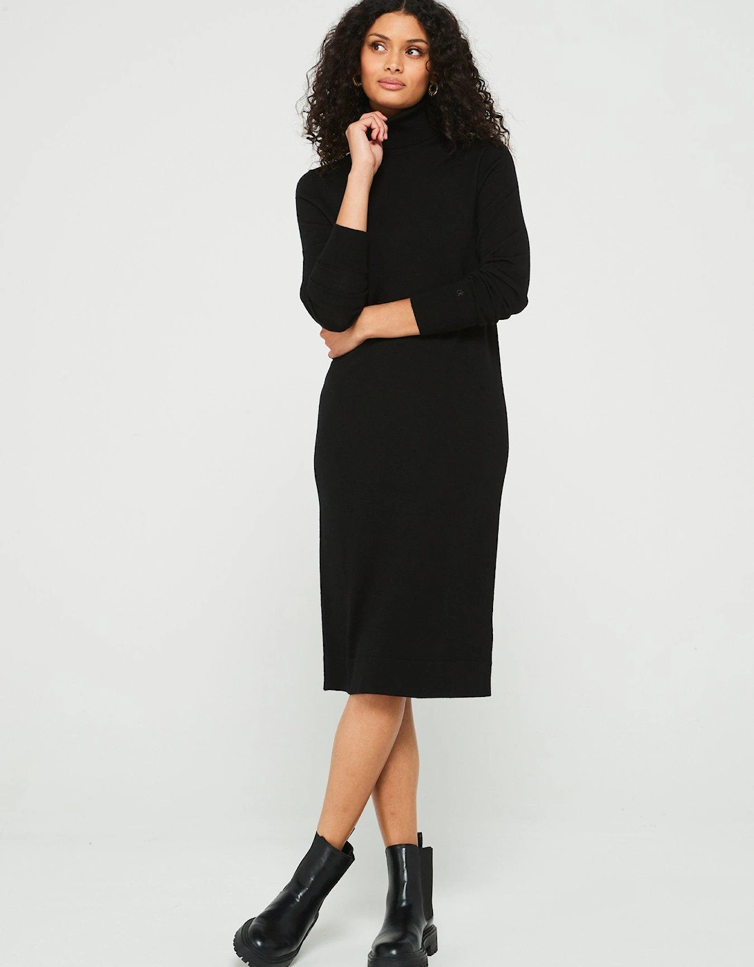 Merino Wool Knee Length Dress - Black