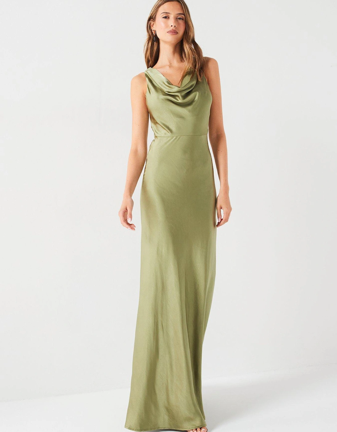 Cowl Front Satin Bridesmaid Dress - Moss Green