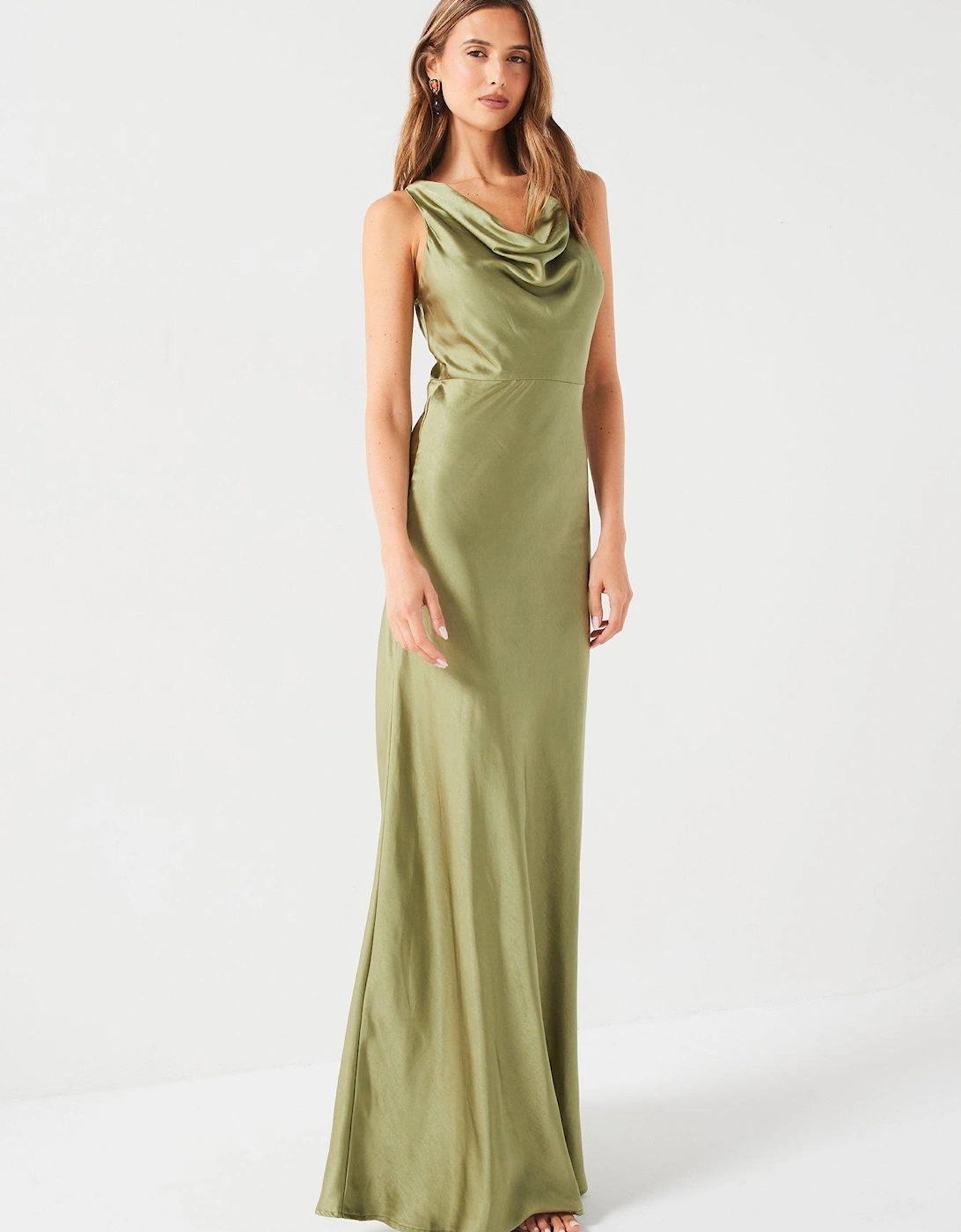 Cowl Front Satin Bridesmaid Dress - Moss Green