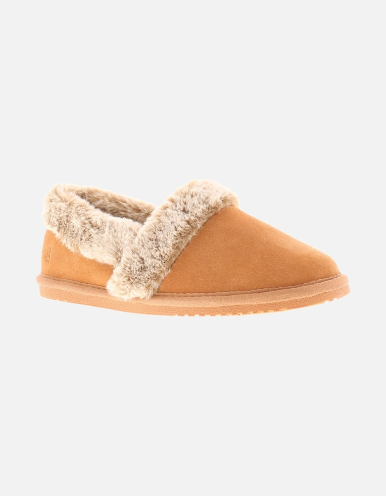 Womens Slippers Full Fluffy Ariel Suede Leather tan UK Size