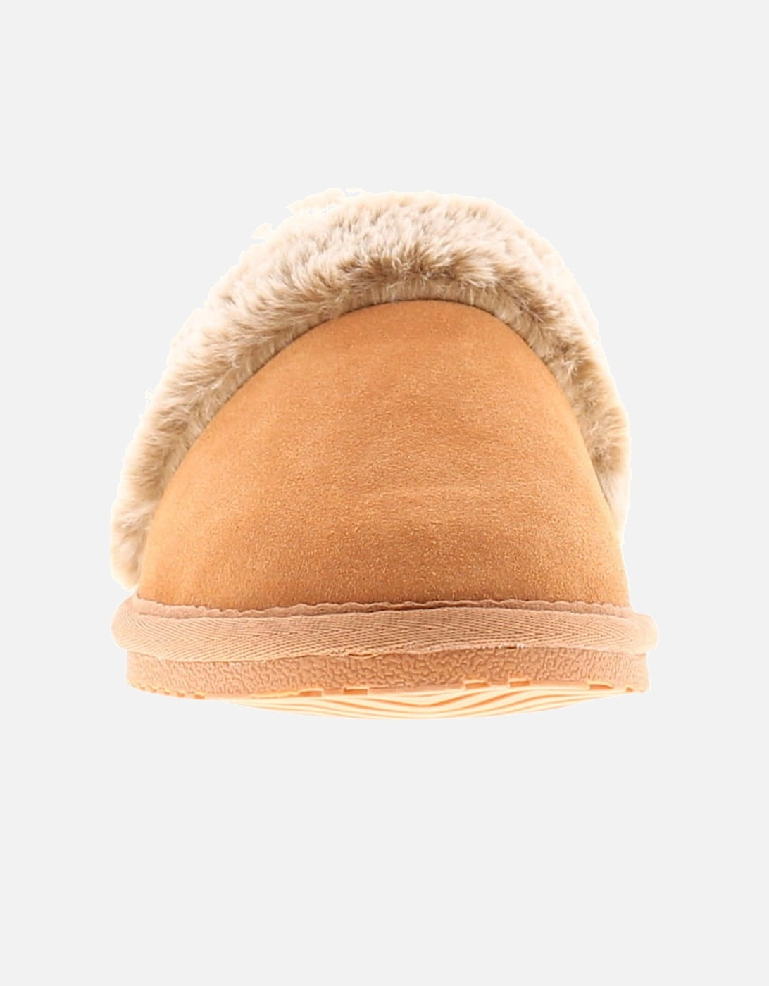 Womens Slippers Full Fluffy Ariel Suede Leather tan UK Size