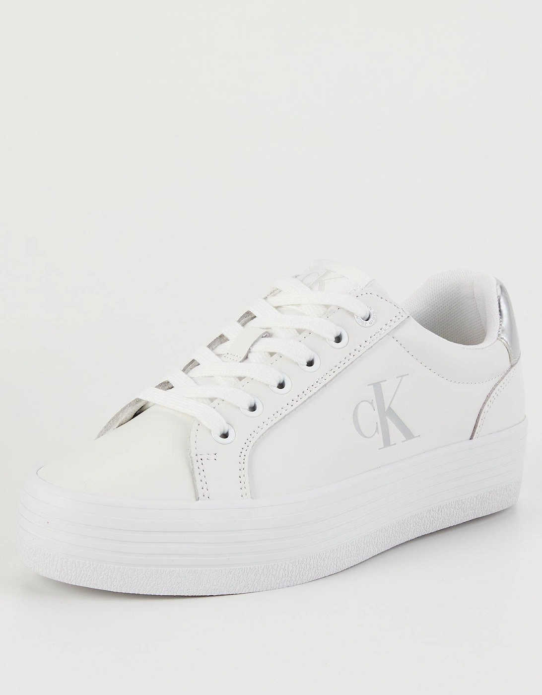 Flatform Lace Up Leather Trainer - White