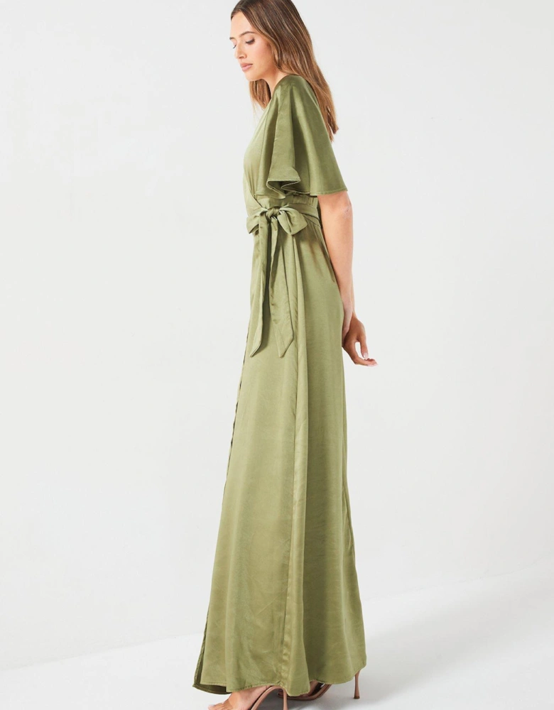 Wrap Tie Side Satin Bridesmaid Dress - Moss - Green