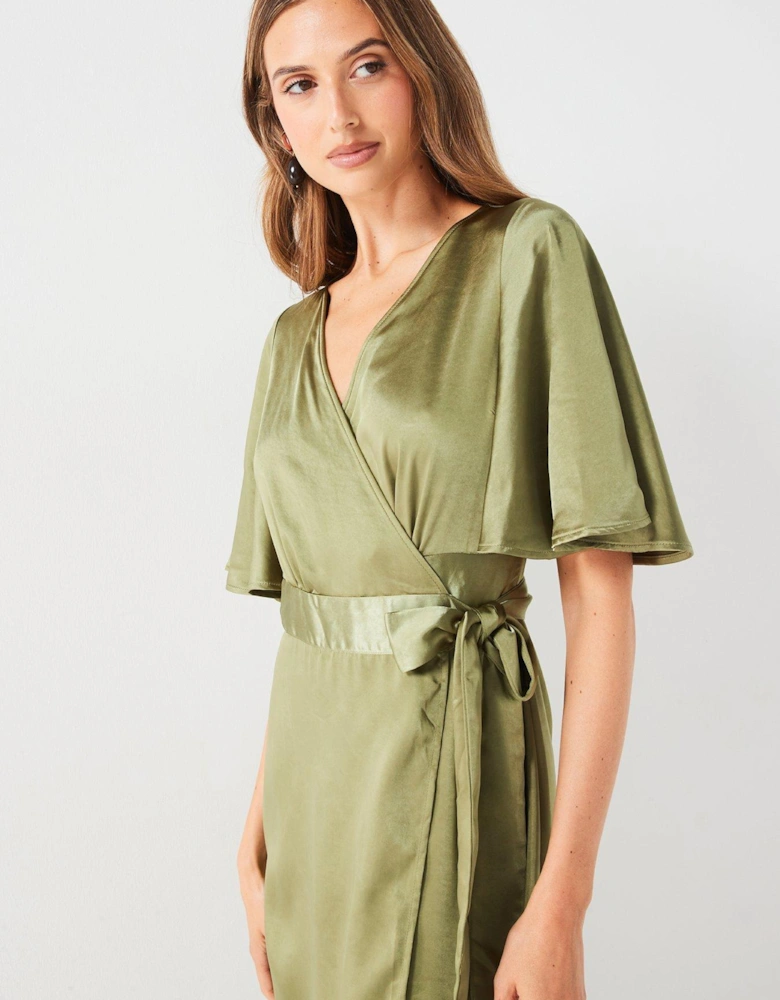 Wrap Tie Side Satin Bridesmaid Dress - Moss - Green