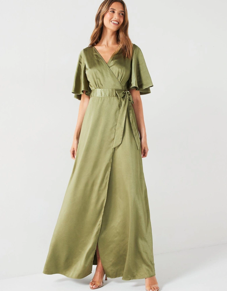 Wrap Tie Side Satin Bridesmaid Dress - Moss - Green