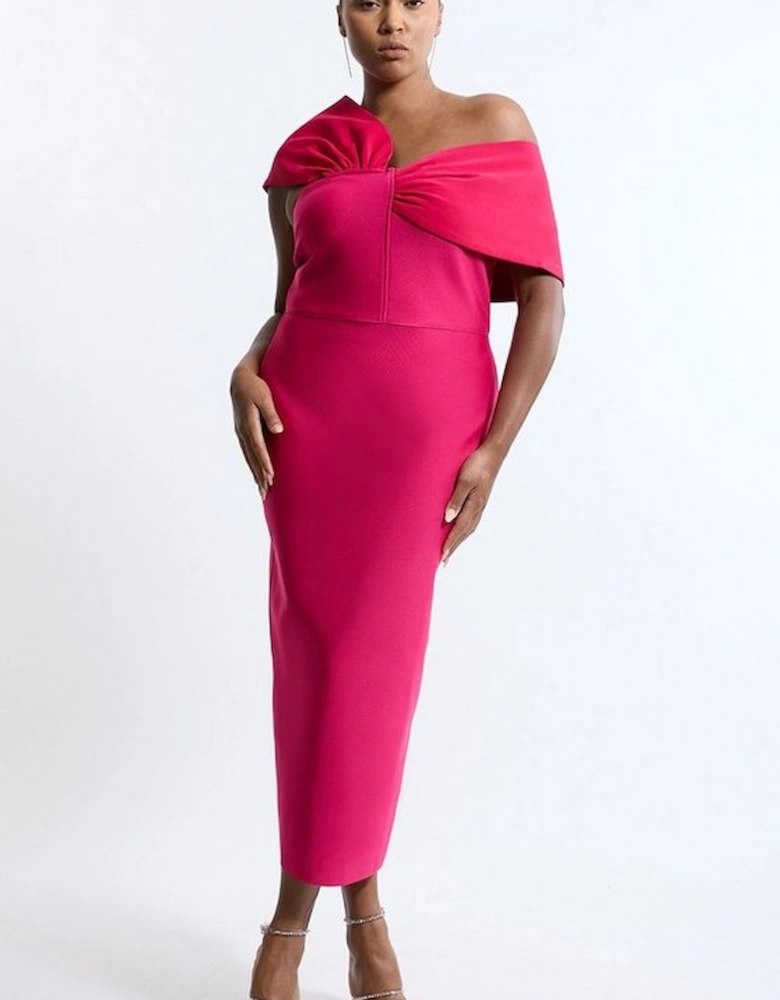 Plus Size Figure Form Bandage Knit Asymmetric Strap Midi Dress