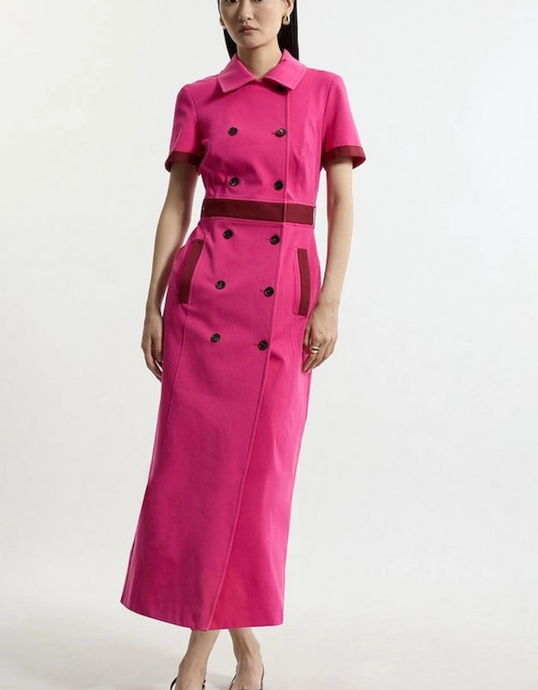 Compact Stretch Colourblock Grosgrain Button Tailored Midi Dress