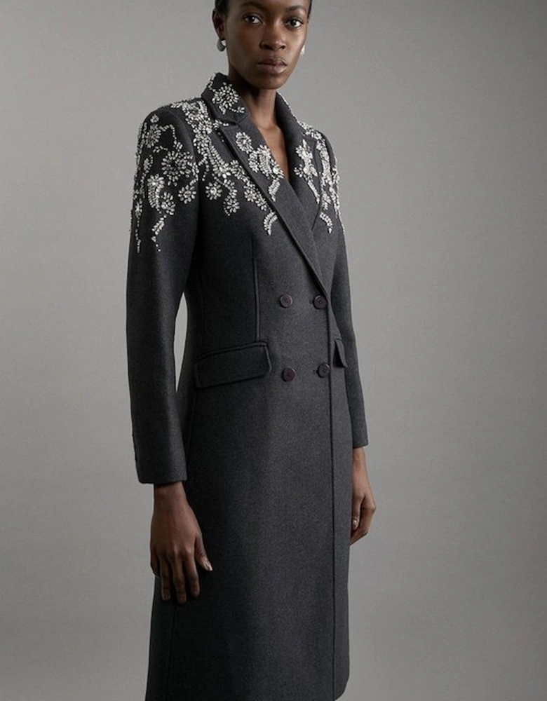 Tailored Wool Blend Embellished Double Breasted Midi Coat