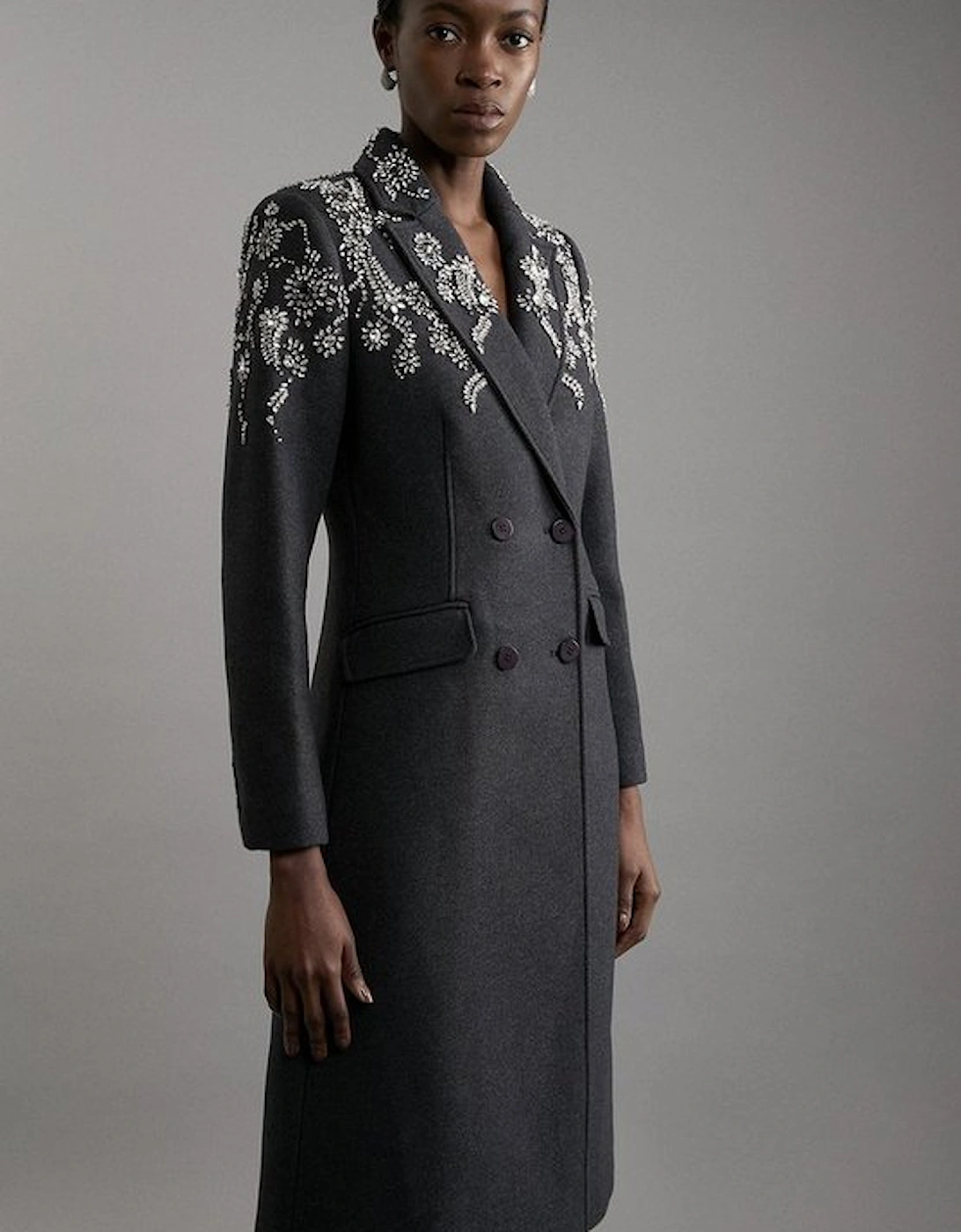 Tailored Wool Blend Embellished Double Breasted Midi Coat, 5 of 4