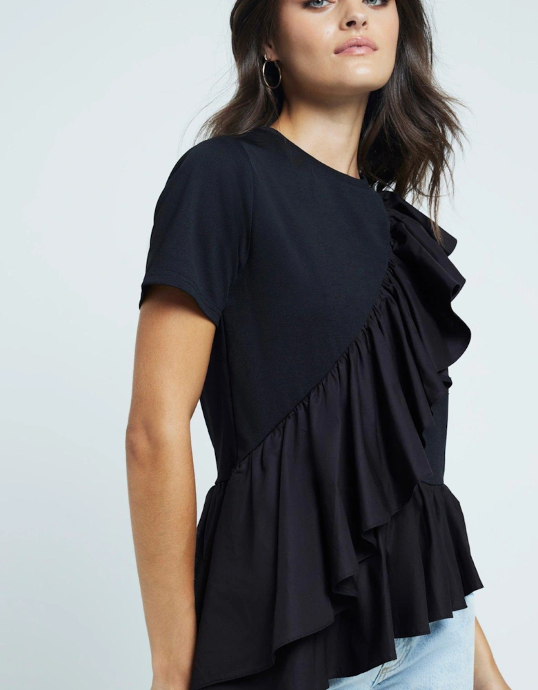 Hybrid Frill Detail T-Shirt - Black