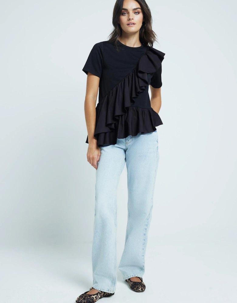 Hybrid Frill Detail T-Shirt - Black