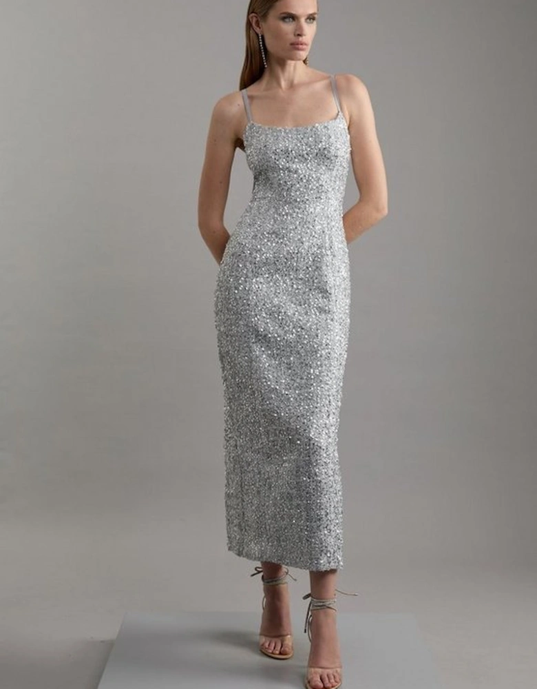 Petite Sequin Metallic Boucle Tailored Maxi Dress