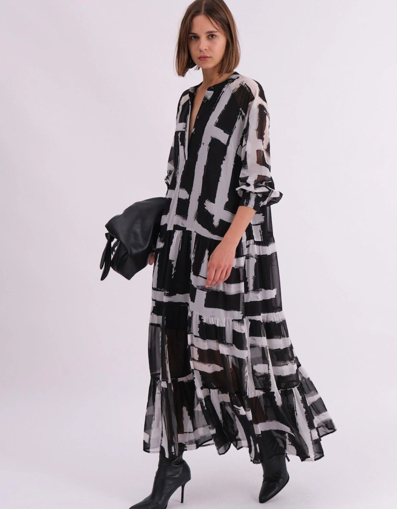 Sunset Maxi Shirt Dress With A Tiered Boho Style Skirt In Abstract Prints - Black