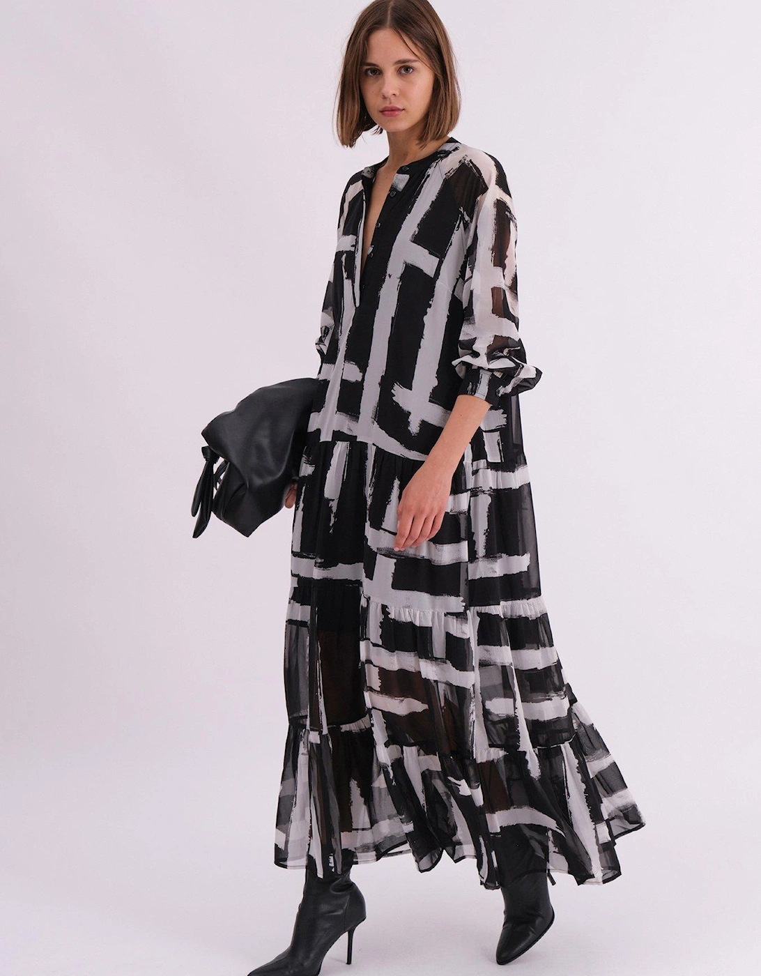 Sunset Maxi Shirt Dress With A Tiered Boho Style Skirt In Abstract Prints - Black, 5 of 4