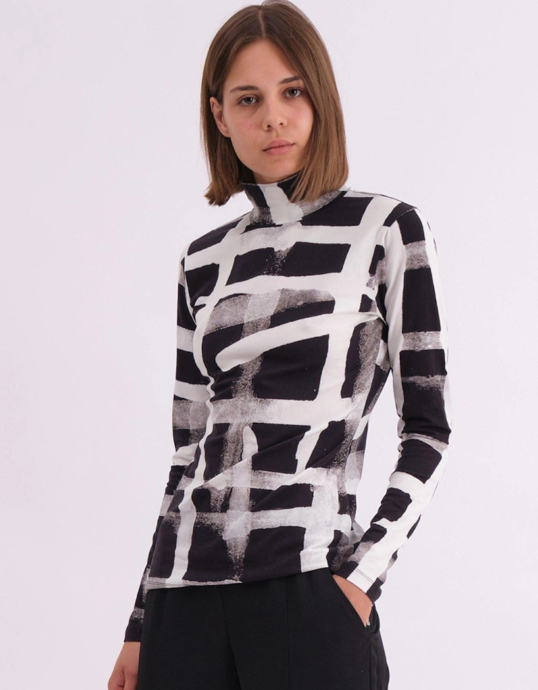 Edge Roll Neck Top In Abstract Monochrome Hero Print