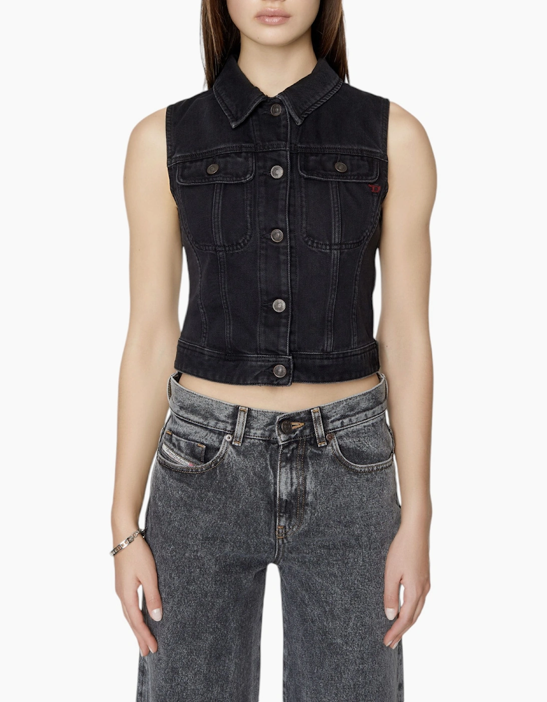 Diesel Women's Black De-Slimmy-Sm Denim Waistcoat Sleeveless Trucker Tops Vest Gilet  10/8 S