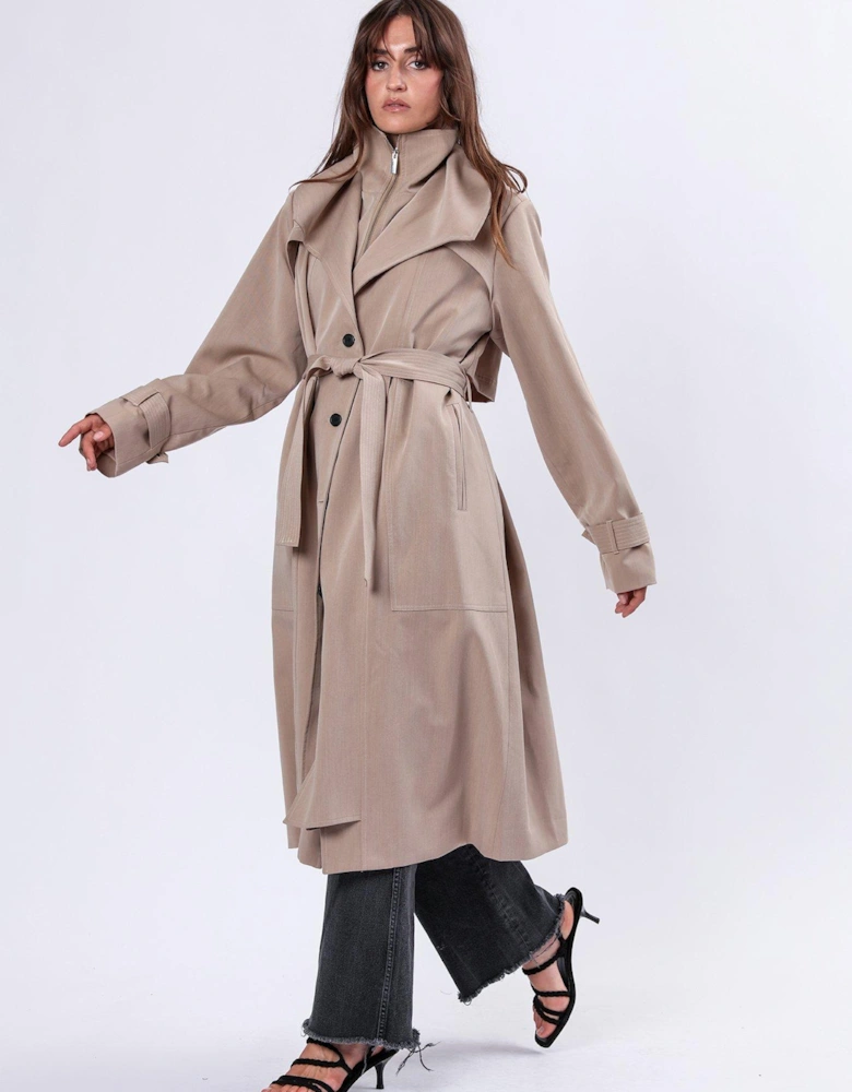 Spirit Maxi Trench Coat With Draped Double Layer And Belt