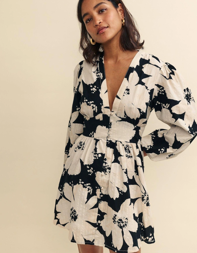 V Neck Long Sleeve Floral Mini Dress - Multi