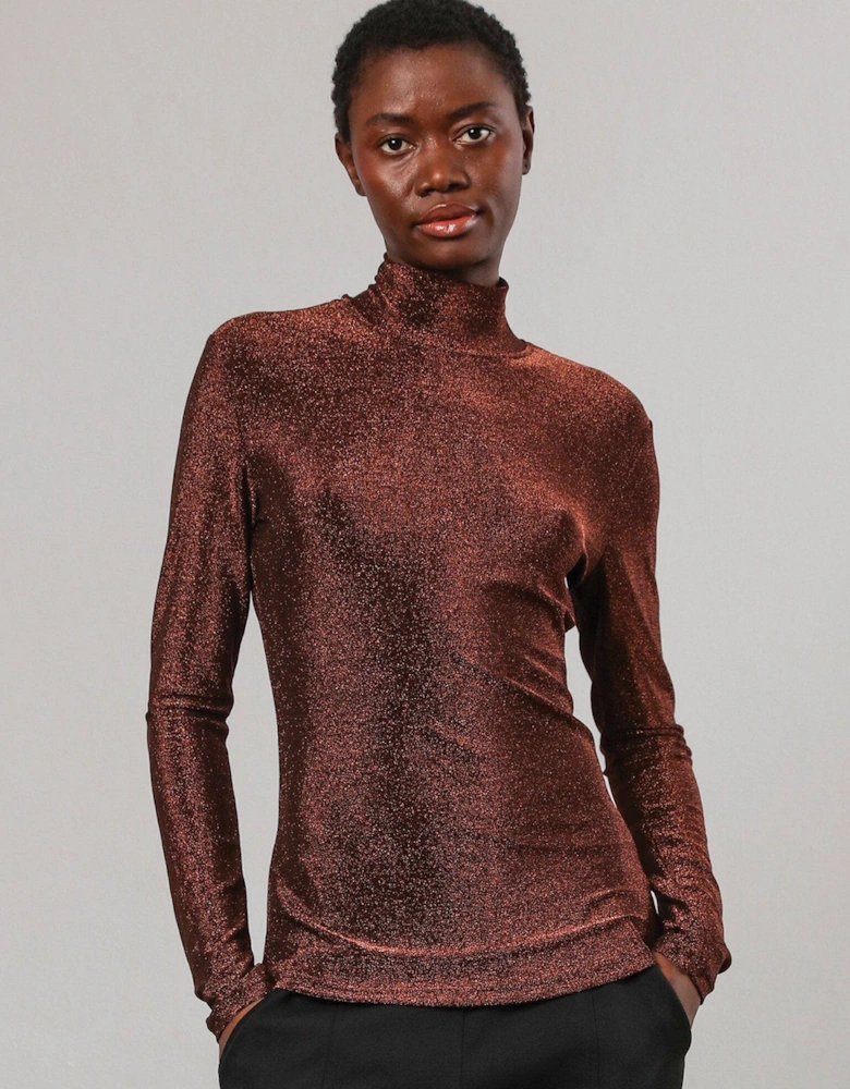 Force Long Sleeve Lurex Roll Neck Top - Brown