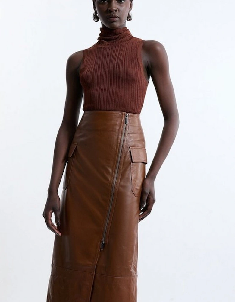 Leather Utility Pocket A Line Zip Through Midi Skirt