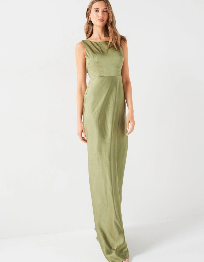 Cowl Back Satin Bridesmaid Dress - Moss Green