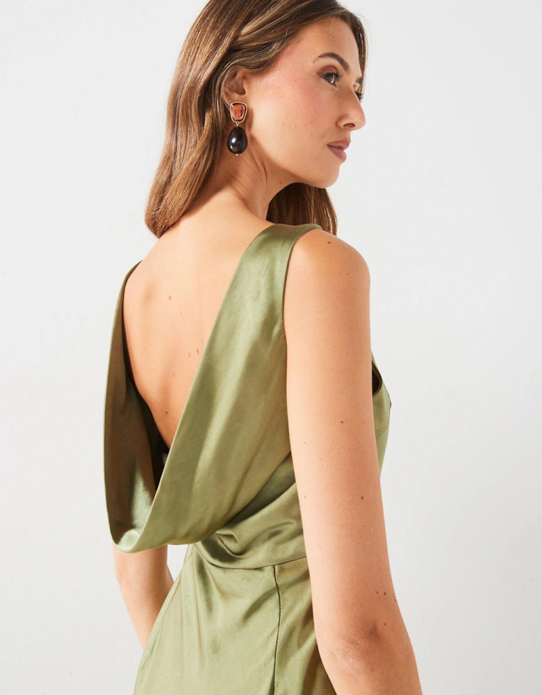 Cowl Back Satin Bridesmaid Dress - Moss Green