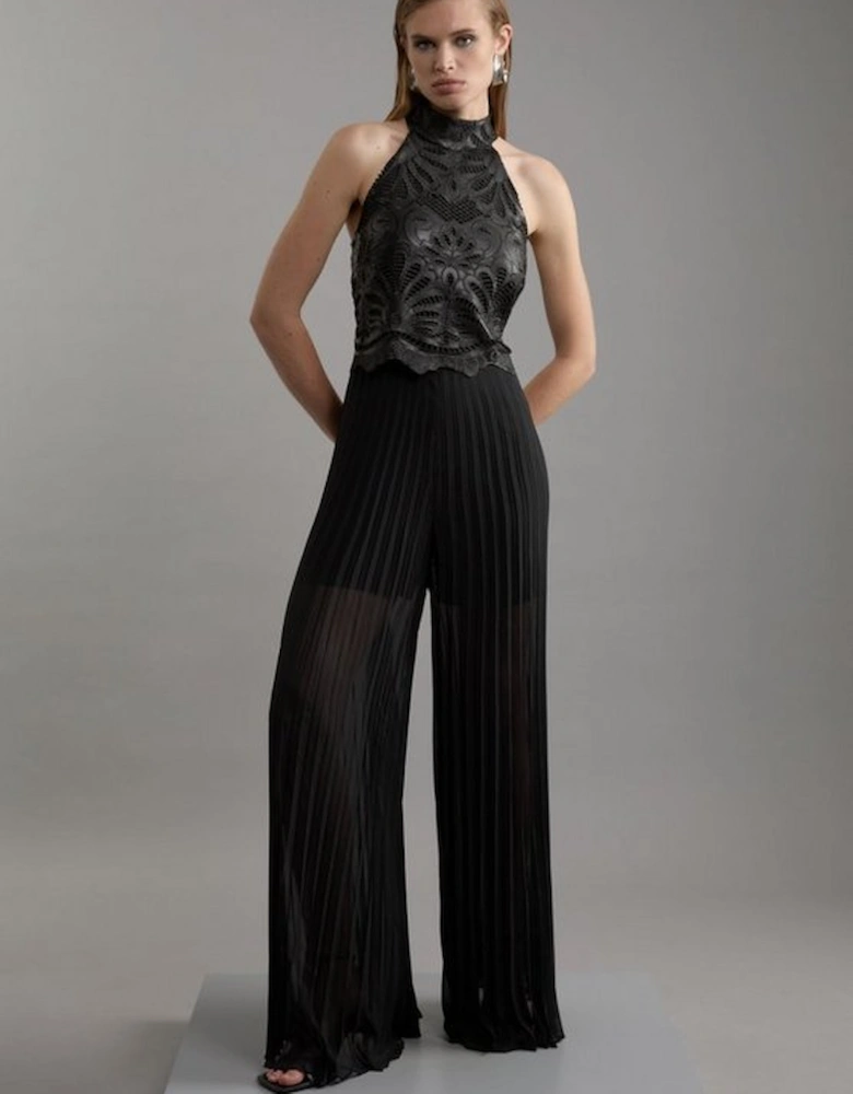 Cutwork Pu Halter Neck Pleated Wide Leg Tailored  Jumpsuit