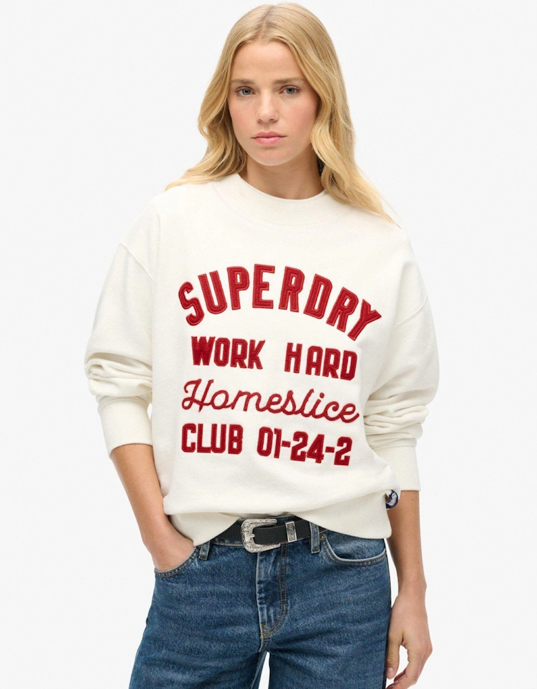 Workwear Embroidered Loose Crew Jumper - White