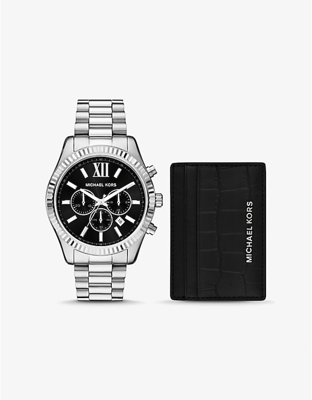 Oversized Lexington Silver-Tone Watch and Crocodile-Embossed Leather Card Case Gift Set, 2 of 1