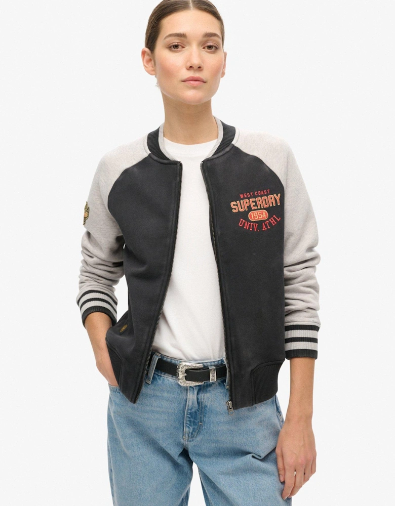 College Script Graphic Jersey Bomber Jacket - Black