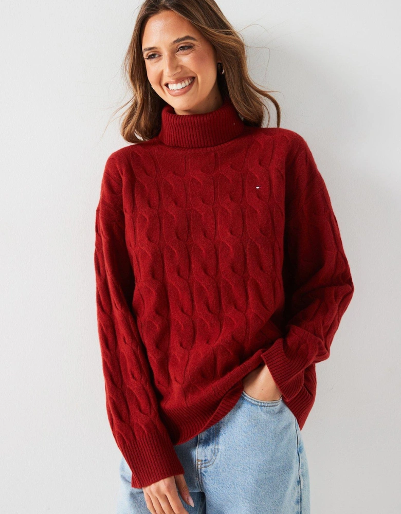 Soft Wool Cable Roll Neck Sweater - Red