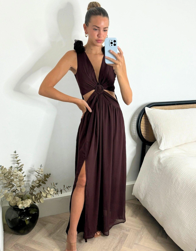 Cut Out Ruffle Shoulder Maxi Dress - Brown