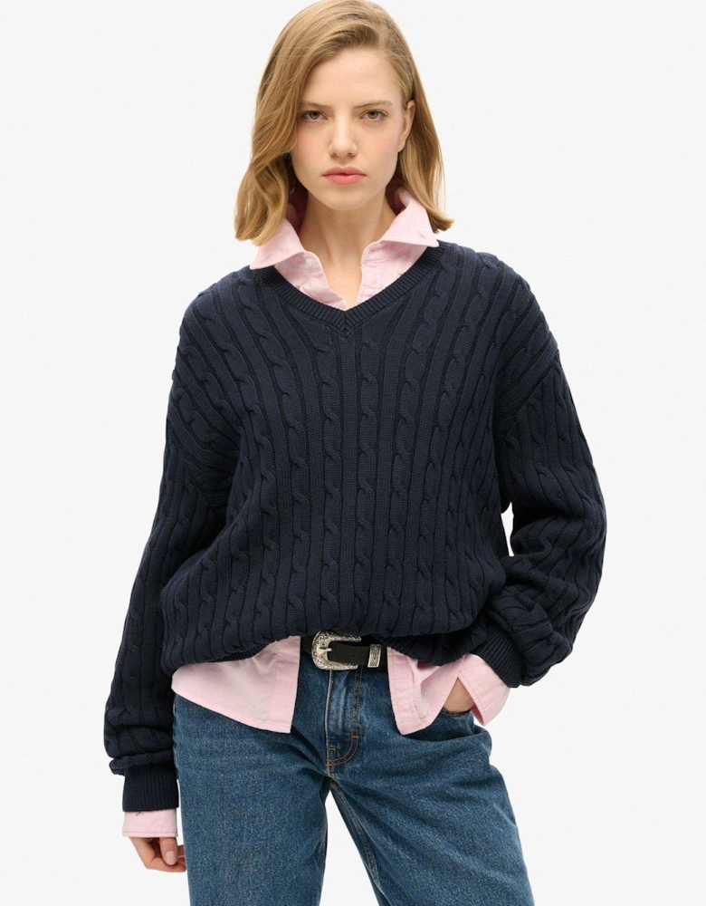 Oversized V Neck Cable Jumper - Navy