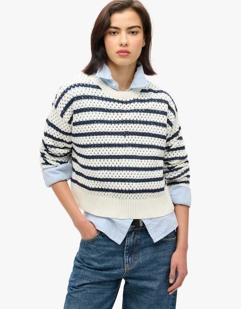 Stripe Crochet Cropped Crew Jumper - White