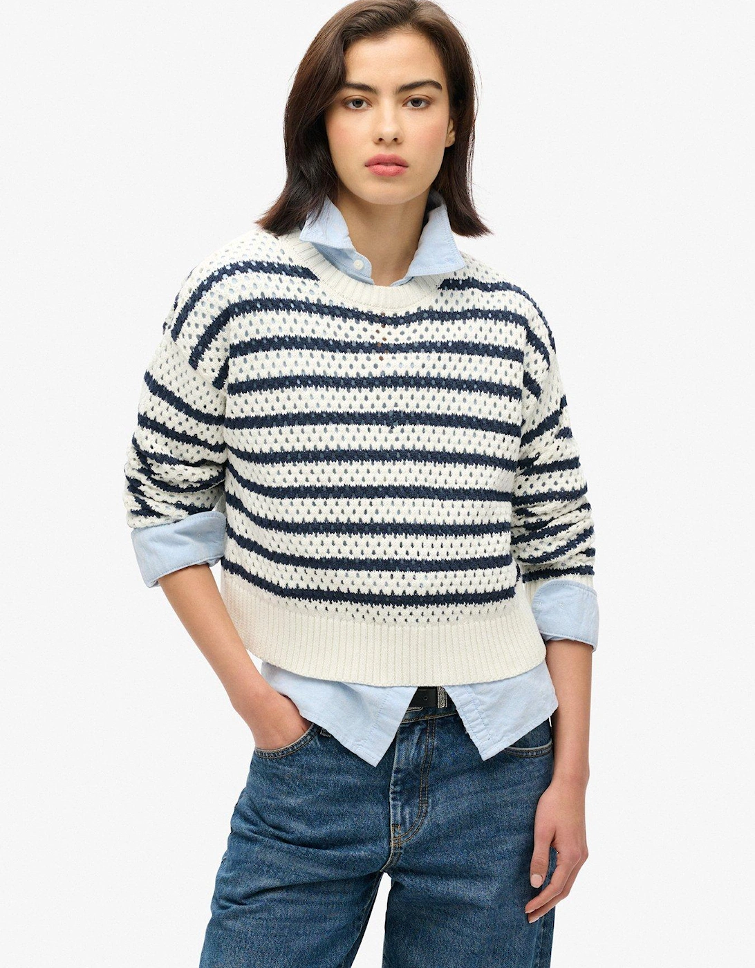 Stripe Crochet Cropped Crew Jumper - White, 2 of 1