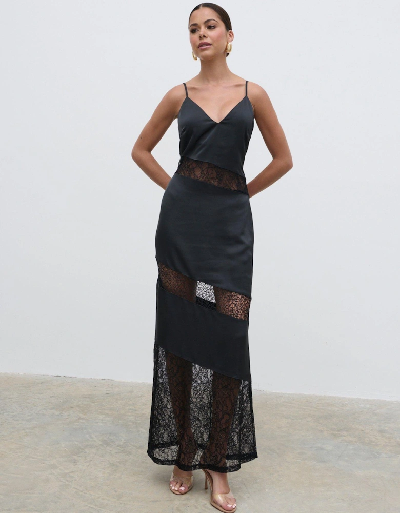 Monique Lace Inserted Slip Dress - Black 