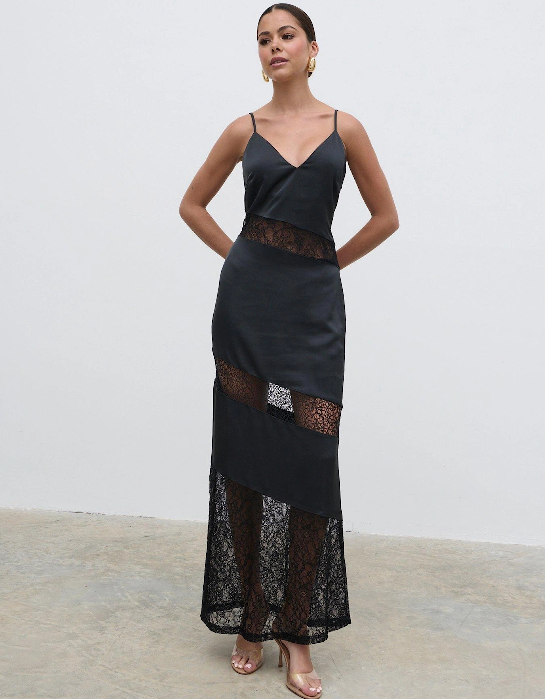 Monique Lace Inserted Slip Dress - Black , 7 of 6