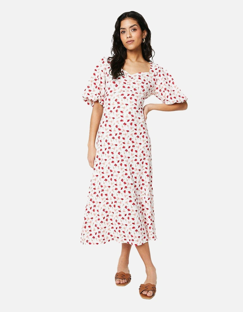 Womens/Ladies Ditsy Print Ruched Front Petite Puff Sleeve Midi Dress