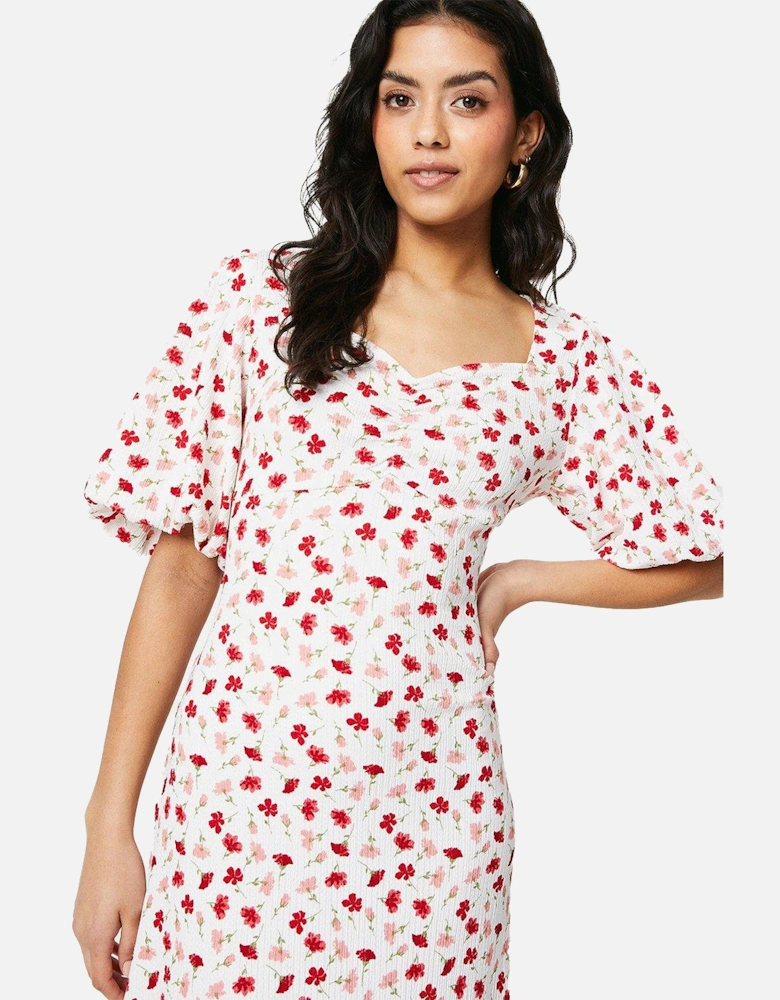 Womens/Ladies Ditsy Print Ruched Front Petite Puff Sleeve Midi Dress