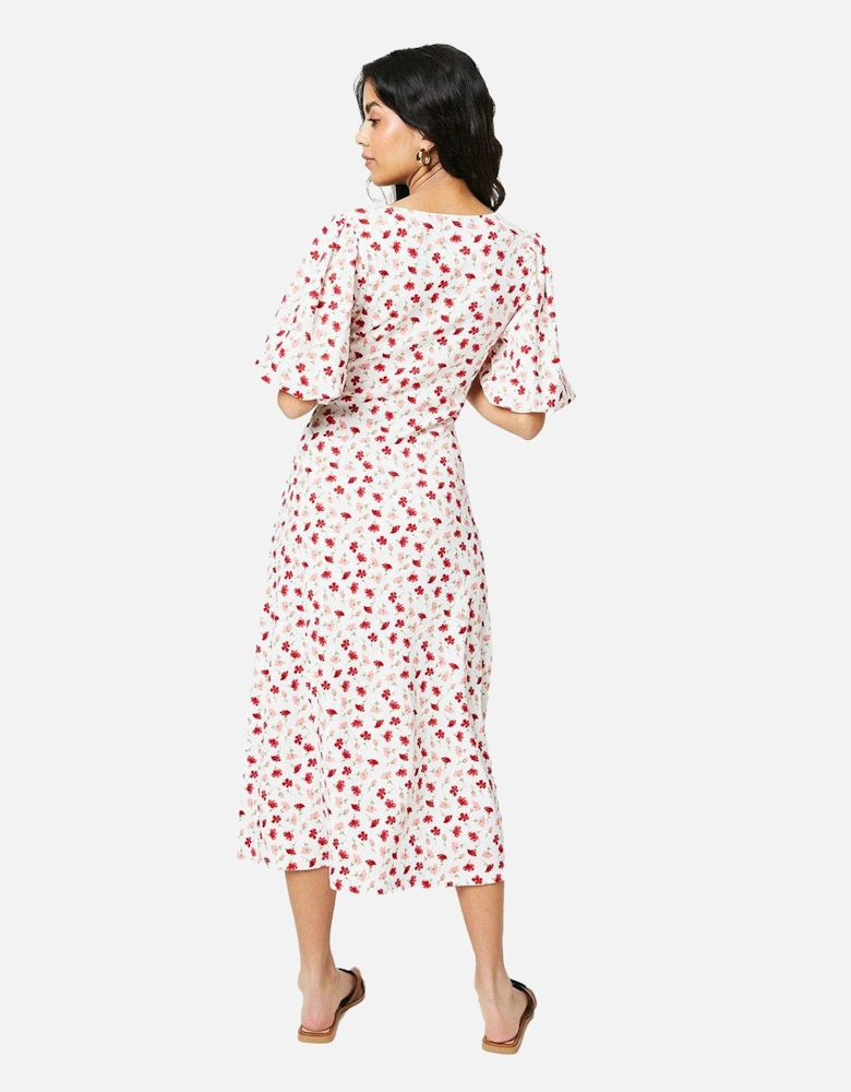 Womens/Ladies Ditsy Print Ruched Front Petite Puff Sleeve Midi Dress