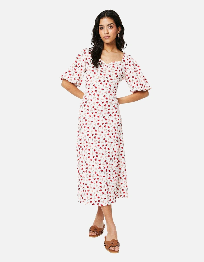 Womens/Ladies Ditsy Print Ruched Front Petite Puff Sleeve Midi Dress