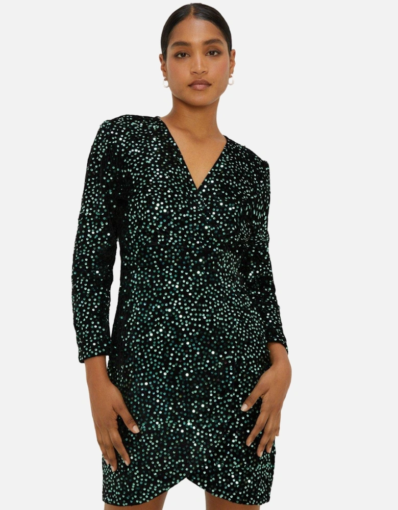 Womens/Ladies Sequin Velvet Wrap Long-Sleeved Mini Dress