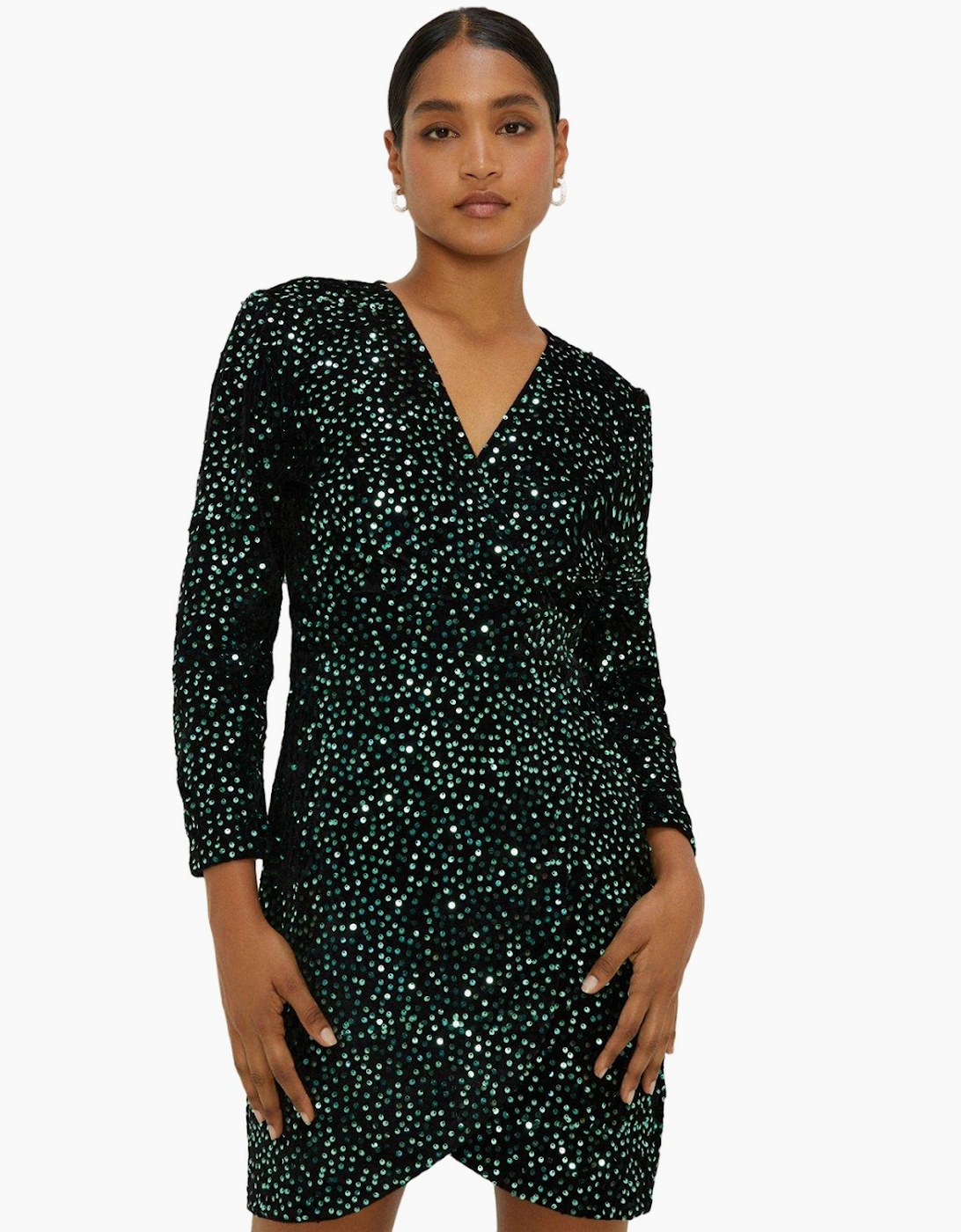 Women's Dorothy Perkins Womens/Ladies Sequin Velvet Wrap Long-Sleeved Mini Dress - Green - Size: 18
