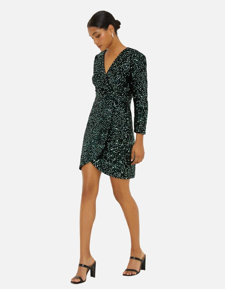 Womens/Ladies Sequin Velvet Wrap Long-Sleeved Mini Dress